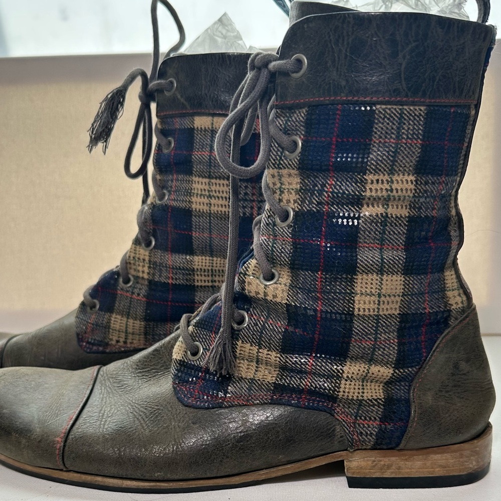 John Fluevog Blue plaid Lace-Up Boots - Picture 2 of 7